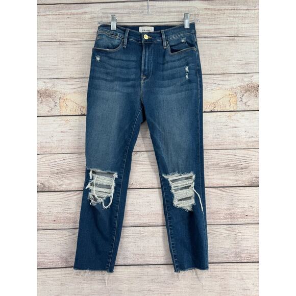 FRAME Denim - FRAME Denim Distressed Le High Skinny Crop Jeans Women's 27 Blue Medium Wash